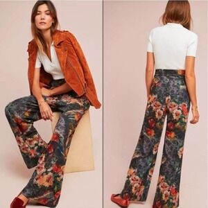 Anthropologie Eva Franco Simon Floral Wide Leg Metallic Trousers Pants Size SP